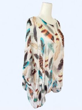 Elena Baldi Viscose Silk Sheer Feather Print Poncho Blouse Cream Teal S